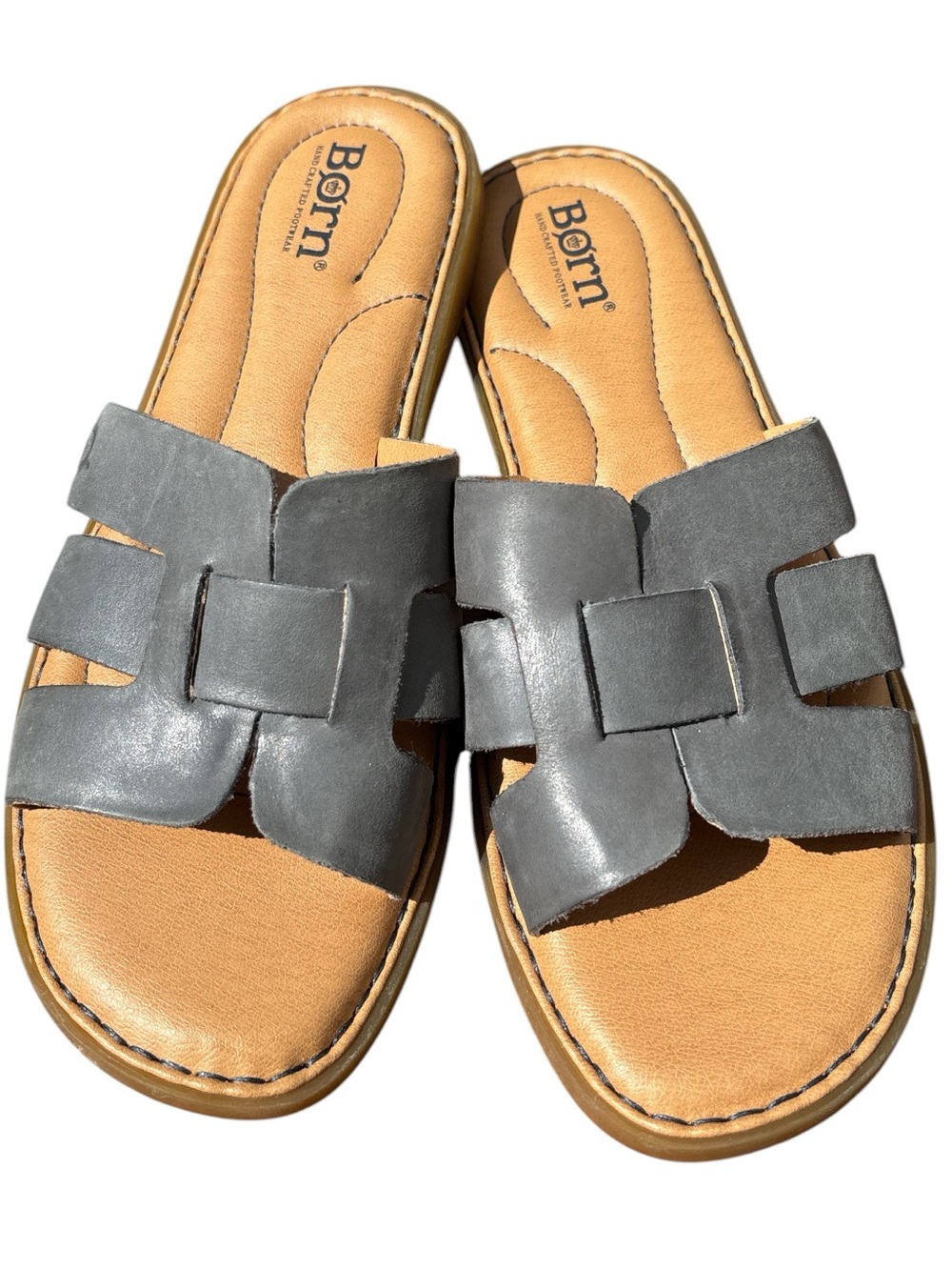 Born Mindi Women's Gray Leather Slide Sandals 7M Woven Straps